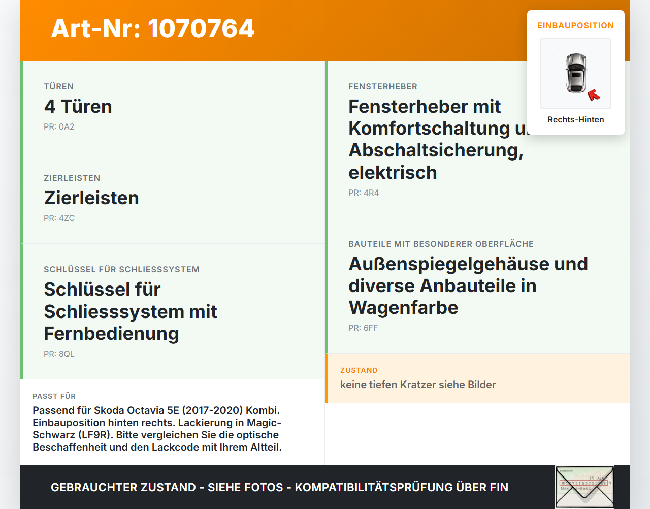 Skoda Octavia 17-20 Break Türgriff Außengriff Griff Hinten Rechts LF9R Skoda Octavia 17-20 09.11.2017 gebraucht Vorschau 3