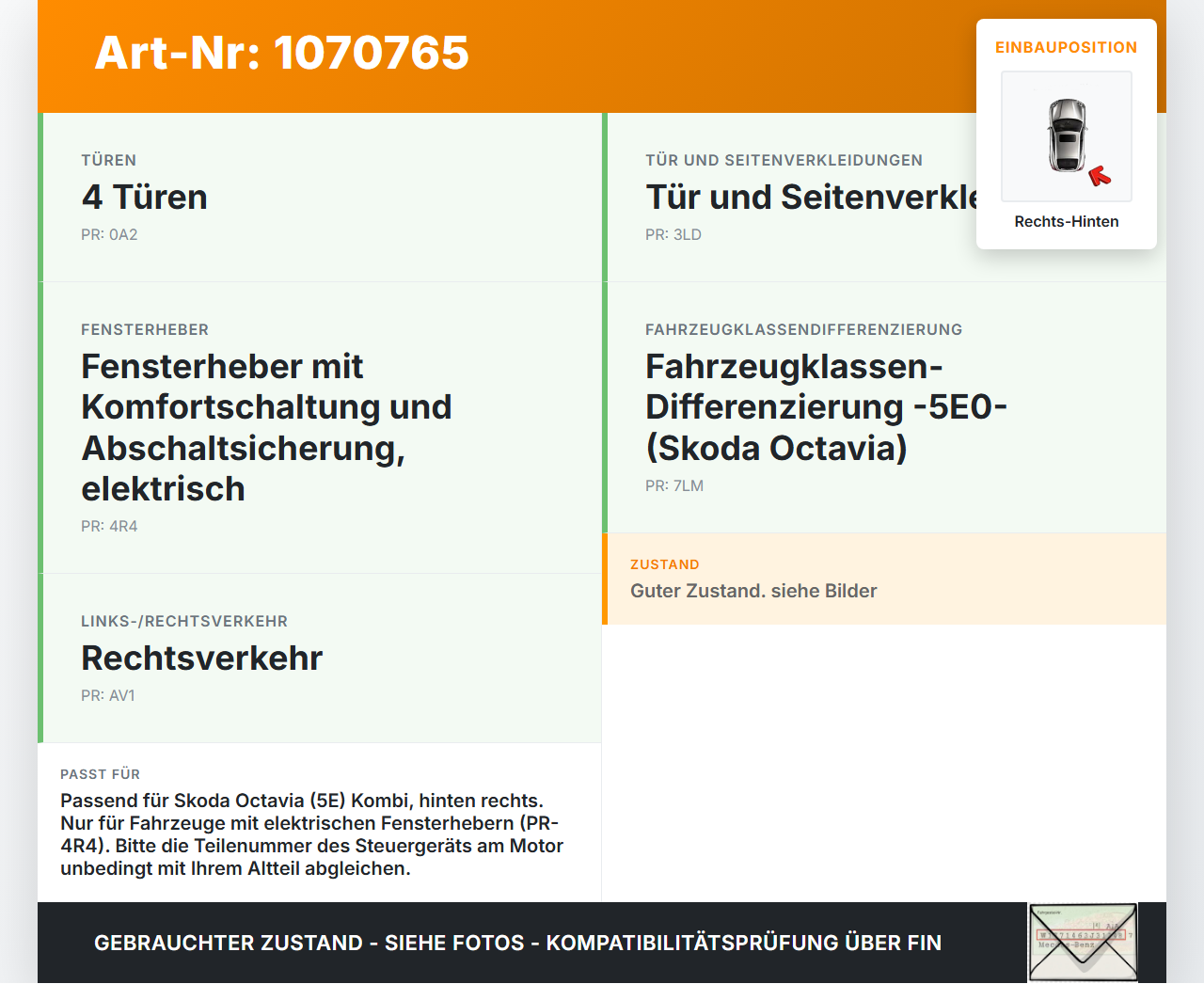 Skoda Octavia 17-20 Break Fensterhebermotor Rechts Hinten Skoda Octavia 17-20 09.11.2017 gebraucht Vorschau 3