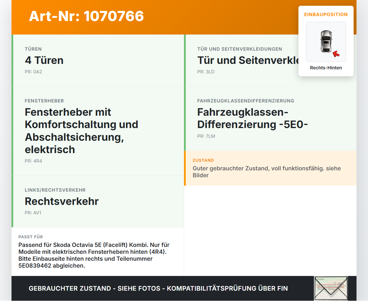 Skoda Octavia 17-20 Break Fensterheber o. FH-Motor Hinten Rechts Skoda Octavia 17-20 09.11.2017 5E0839462... Vorschau 3