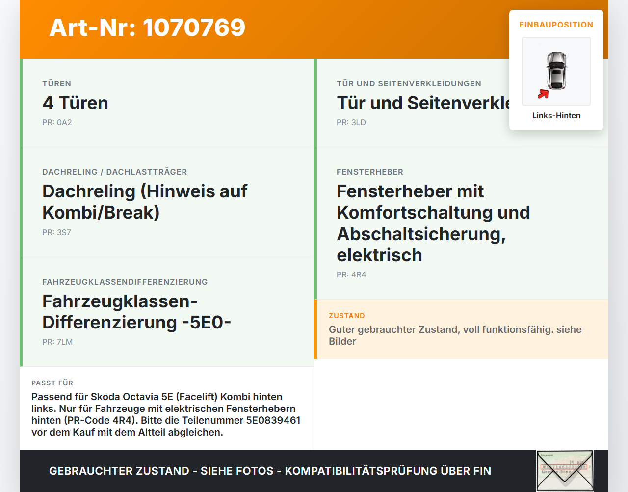 Skoda Octavia 17-20 Break Fensterheber o. FH-Motor Hinten Links Skoda Octavia 17-20 09.11.2017 5E0839461... Vorschau 3