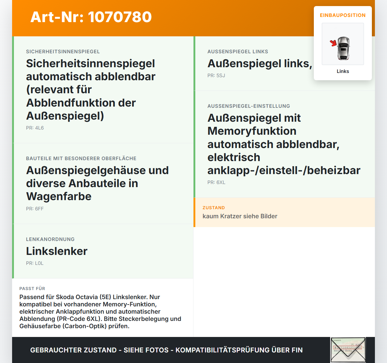 Skoda Octavia 17-20 Spiegel Aussenspiegel Links Elektr. Klappbar Carbon Kappe LF9R Skoda Octavia 17-20 09.11.2017... Vorschau 3