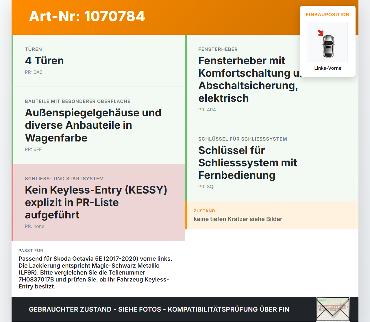 Skoda Octavia 17-20 Break Türgriff Griff aussen Links Vorne LF9R Skoda Octavia 17-20 09.11.2017 7H0837017B gebraucht Vorschau 3