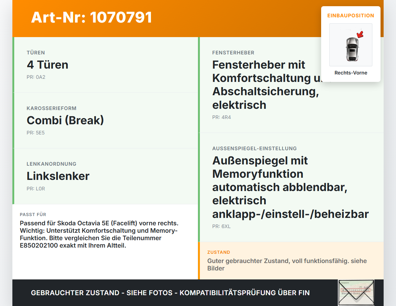 Skoda Octavia 17-20 Break Fensterhebermotor Rechts Vorne Skoda Octavia 17-20 09.11.2017 5Q0959802B E850202100 gebraucht Vorschau 3