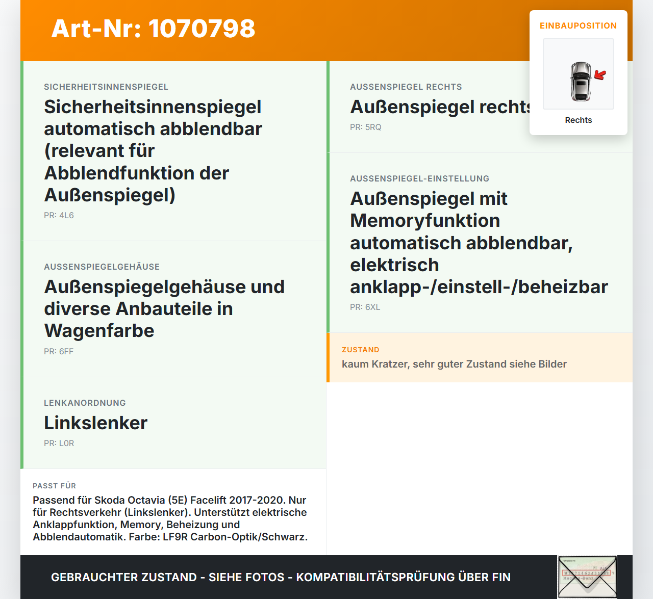 Skoda Octavia 17-20 Spiegel Aussenspiegel Rechts Elektrochrom Carbon Look LF9R Skoda Octavia 17-20 09.11.2017 gebraucht Vorschau 3