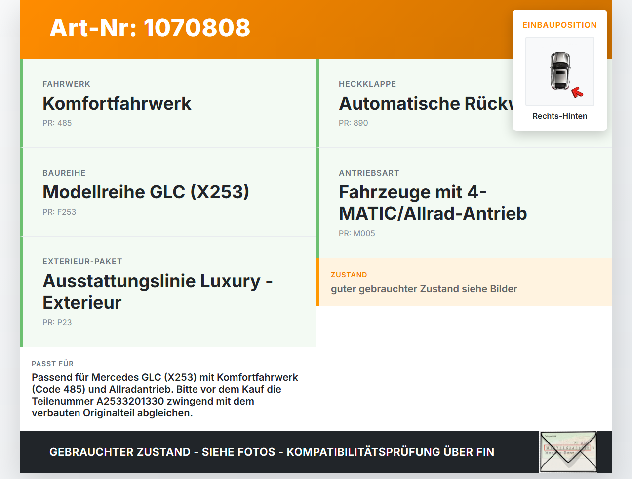 Mercedes X253 15-19 Kombi Stossdämpfer Rechts Hinten Mercedes X253 15-19 14.09.2015 A2533201330 F4-VE3-J598-W3... Vorschau 3