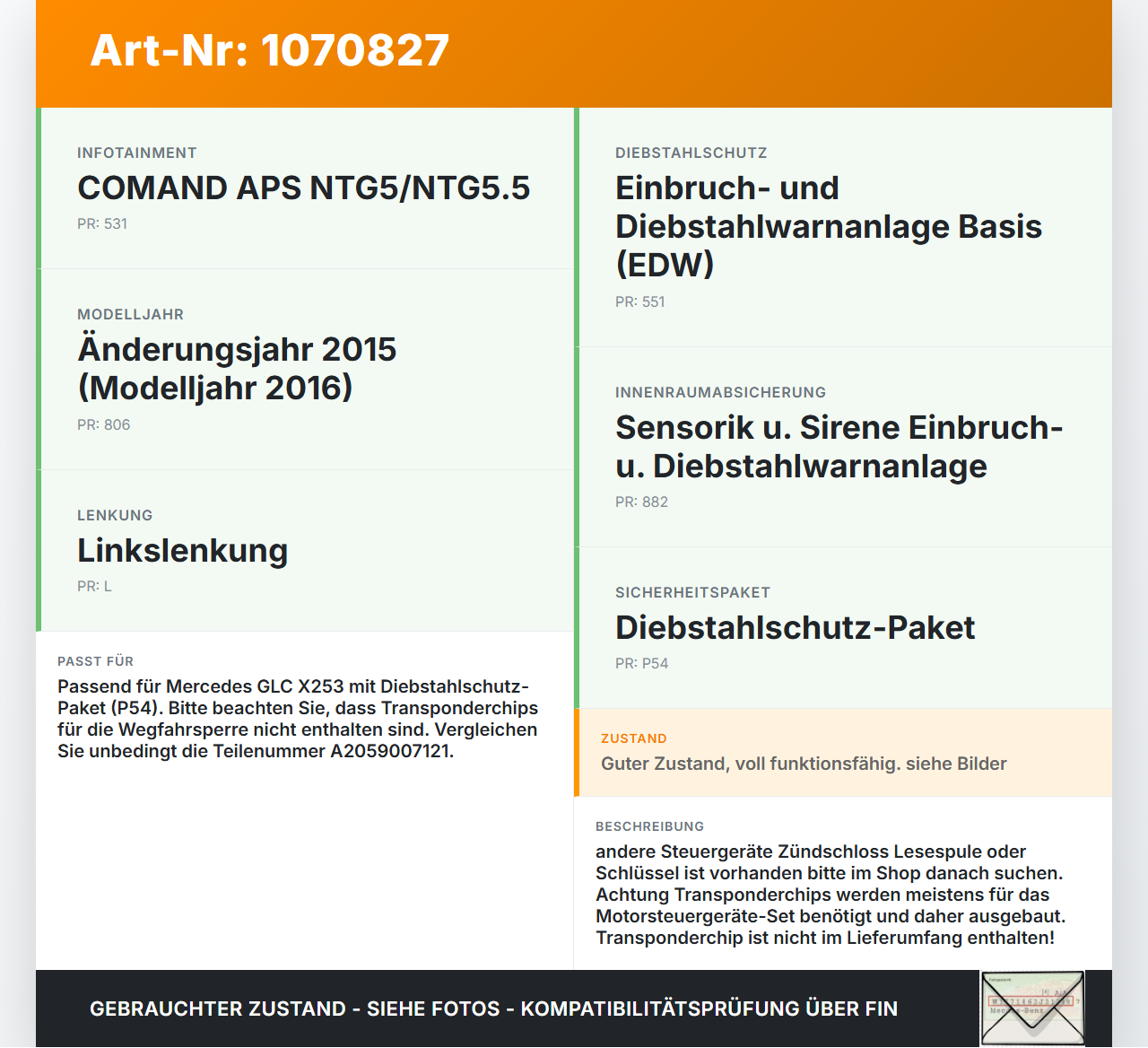 Mercedes X253 15-19 Zündschloss Schlüssel Mercedes X253 15-19 14.09.2015 A2059007121 3332.5201-00 gebraucht Vorschau 3