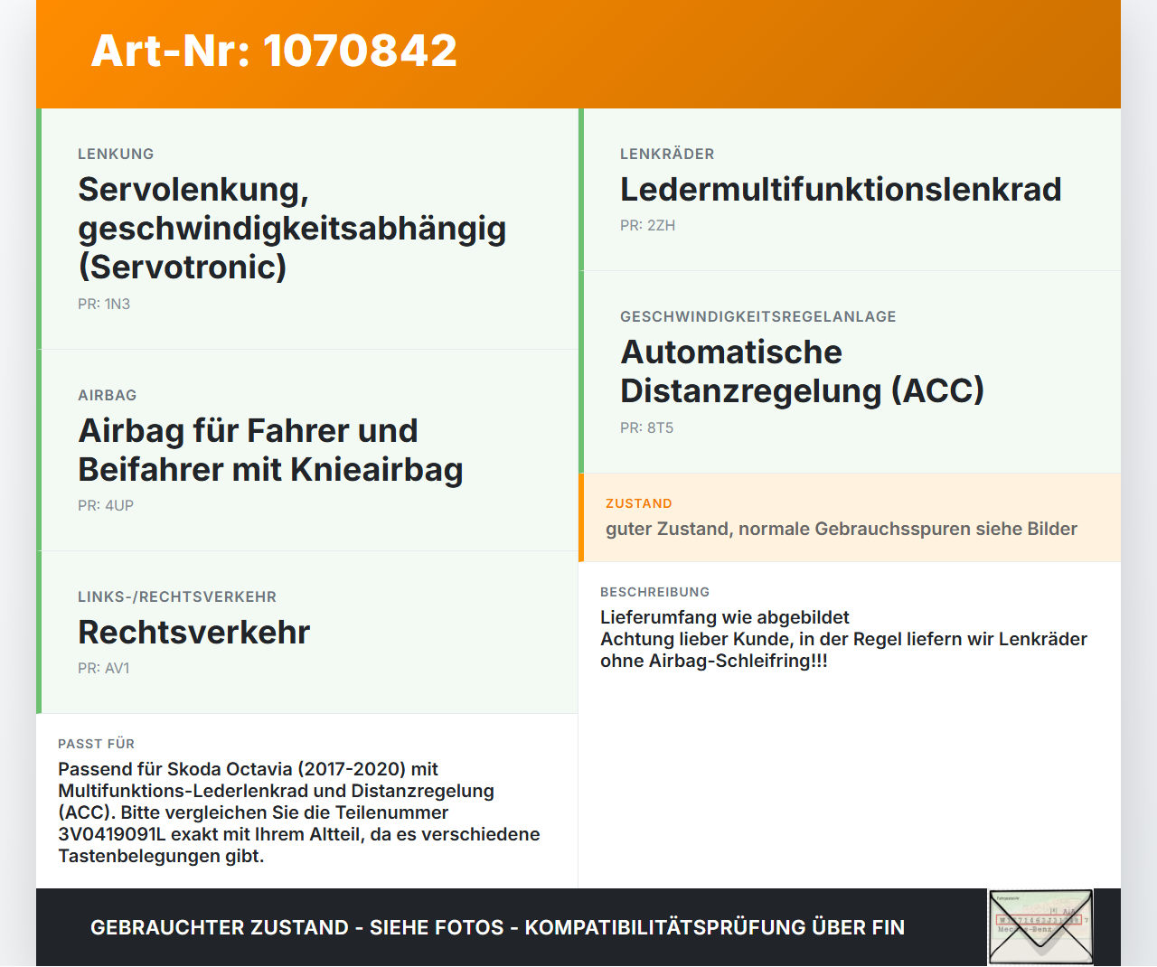 Skoda Octavia 17-20 Lenkrad Airbaglenkrad Skoda Octavia 17-20 09.11.2017 3V0419091L 3V0419091LCWE 308905081340-AA... Vorschau 3