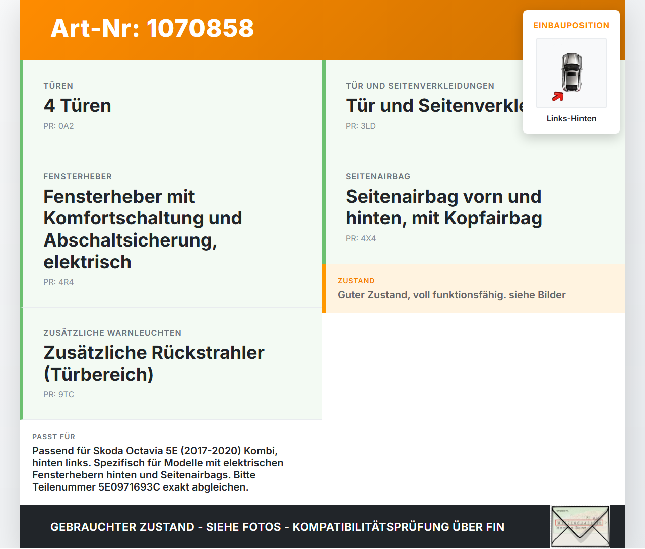 Skoda Octavia 17-20 Break Kabelbaum für Tür und Fensterheber Links Hinten Skoda Octavia 17-20 09.11.2017 5E0971693C... Vorschau 3
