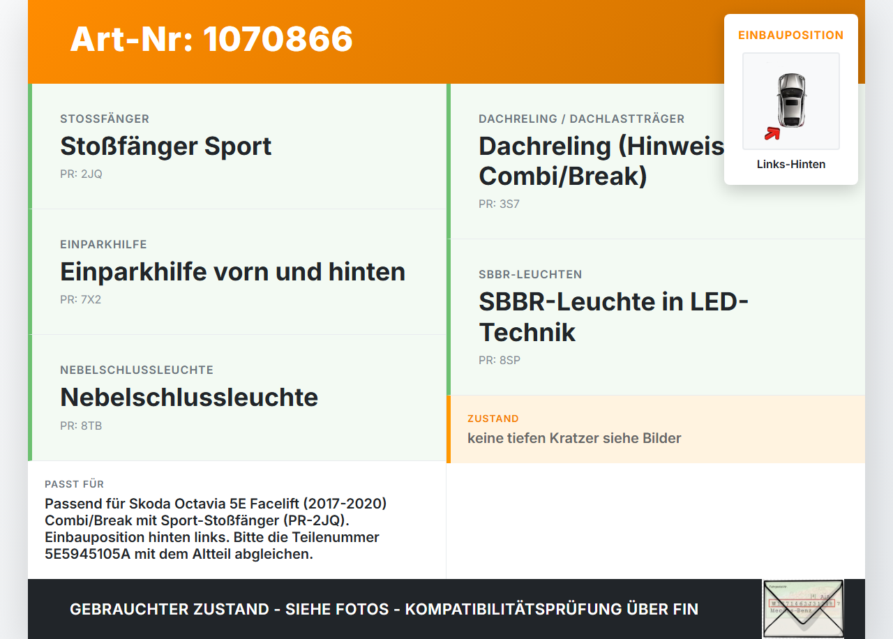 Skoda Octavia 17-20 Break Reflektor für Stoßstange Hinten Links Skoda Octavia 17-20 09.11.2017 5E5945105A gebraucht Vorschau 3