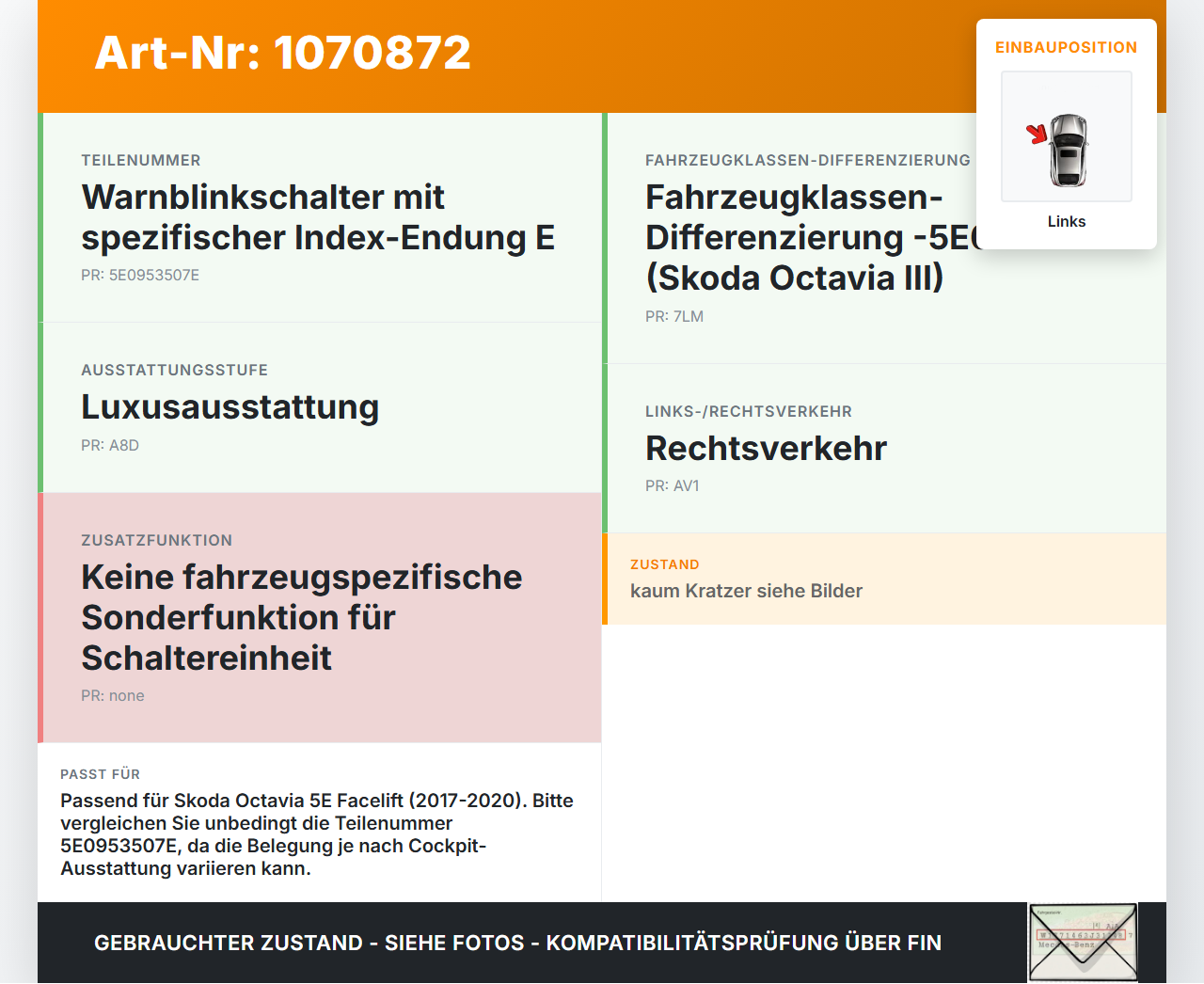 Skoda Octavia 17-20 Warnblinkschalter Schalter Skoda Octavia 17-20 09.11.2017 5E0953507E 1012136501S gebraucht Vorschau 3