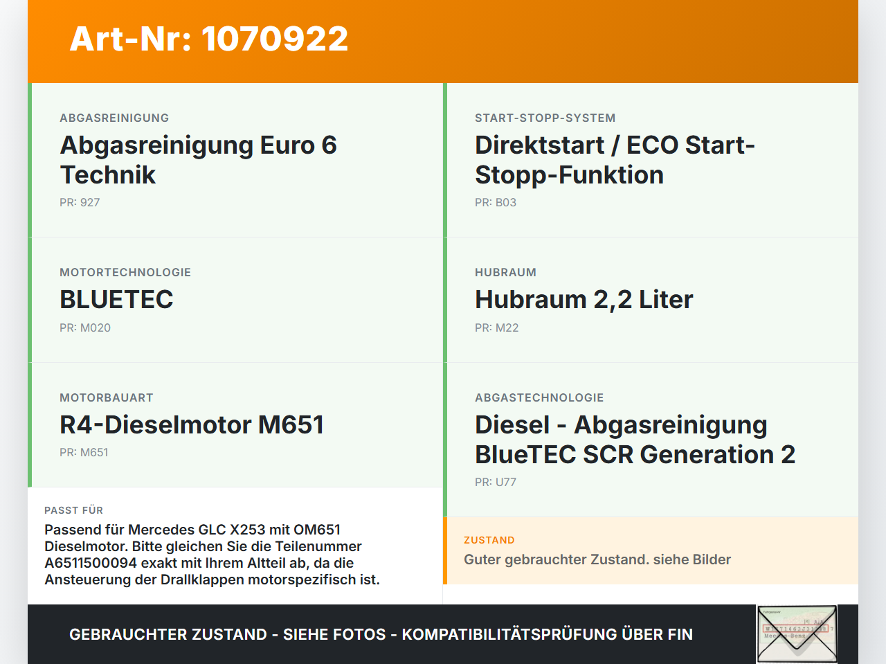 Mercedes X253 15-19 Stellmotor Actuator Ansteuerung Drallklappen Mercedes X253 15-19 14.09.2015 A6511500094... Vorschau 3