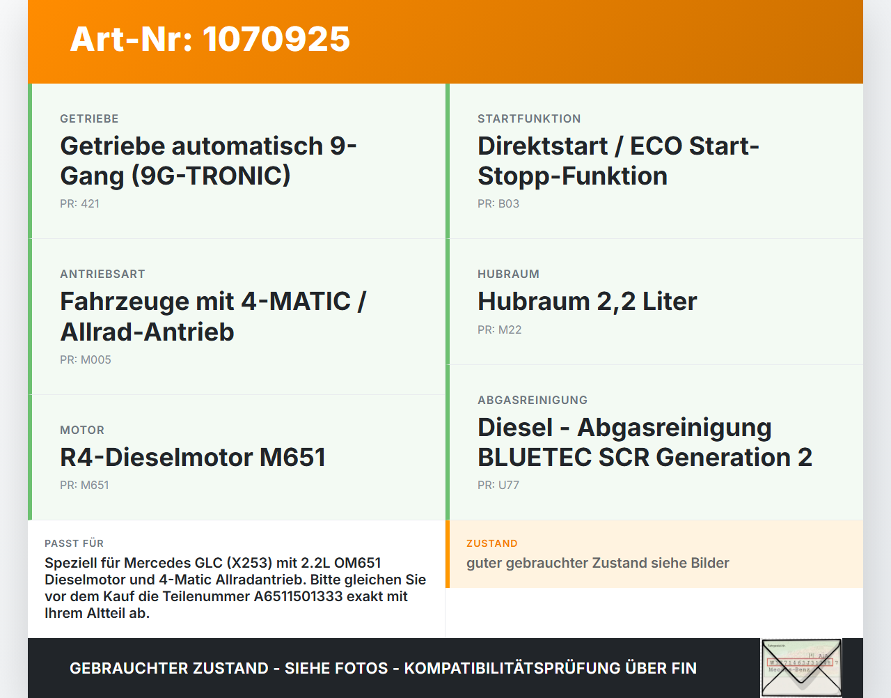 Mercedes X253 15-19 Kombi Kabelbaum für Motor Mercedes X253 15-19 14.09.2015 A6511501333 gebraucht Vorschau 3