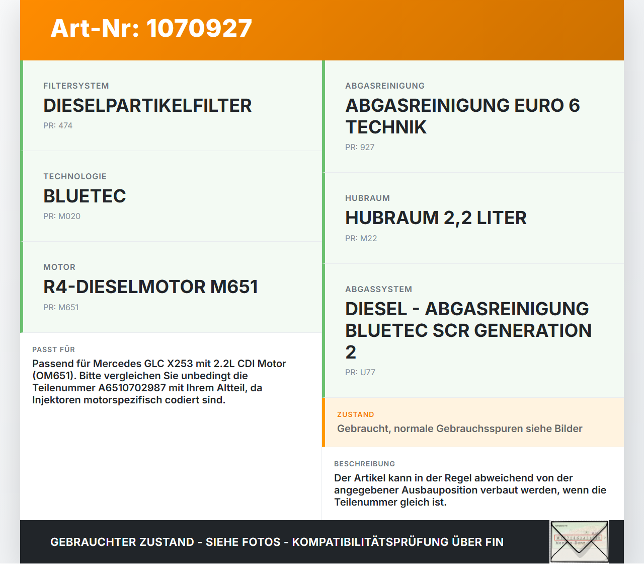 Mercedes X253 15-19 CDI 2,2 125KW Injektor Einspritzdüse Zyl.2 Mercedes X253 15-19 14.09.2015 A6510702987... Vorschau 3