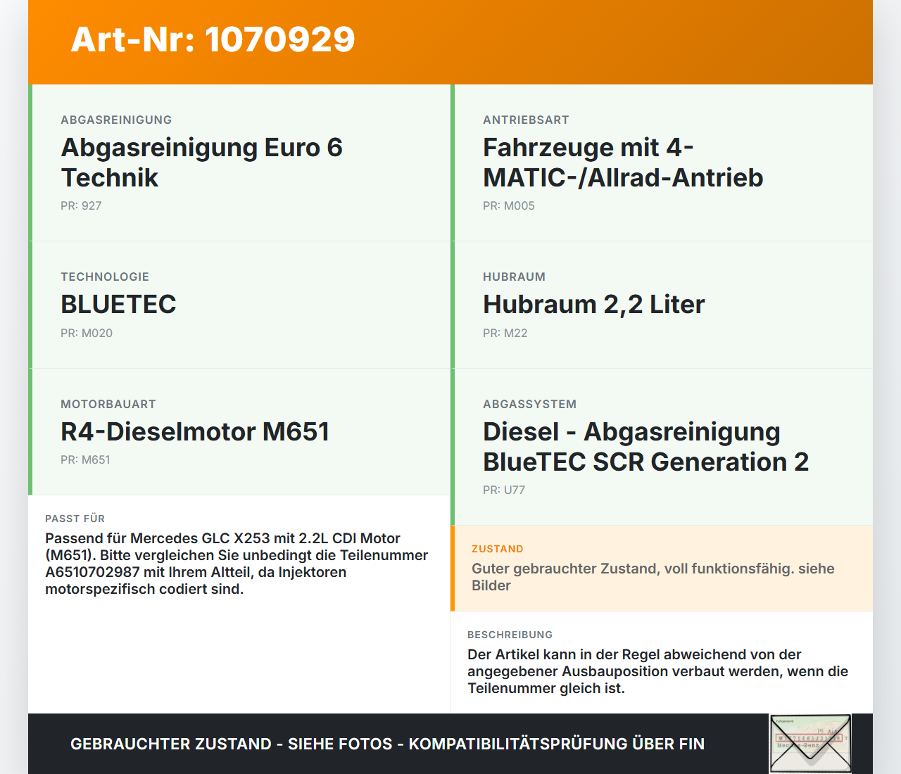 Mercedes X253 15-19 CDI 2,2 125KW Injektor Einspritzdüse Zyl.4 Mercedes X253 15-19 14.09.2015 A6510702987... Vorschau 3