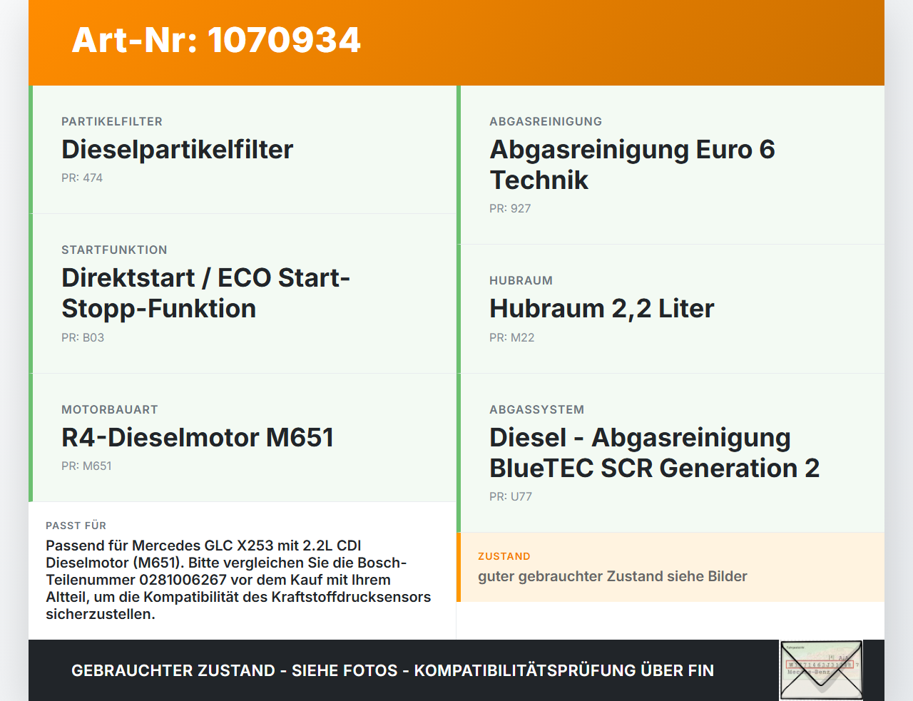 Mercedes X253 15-19 CDI 2,2 125KW Railsensor Drucksensor Mercedes X253 15-19 14.09.2015 0281006267 gebraucht Vorschau 3