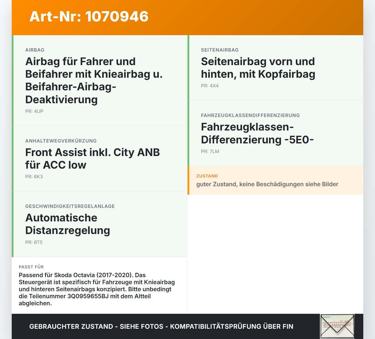 Skoda Octavia 17-20 Airbag Steuergerät Airbagsteuergerät Skoda Octavia 17-20 09.11.2017 3Q0959655BJ 234571-198 gebraucht Vorschau 3