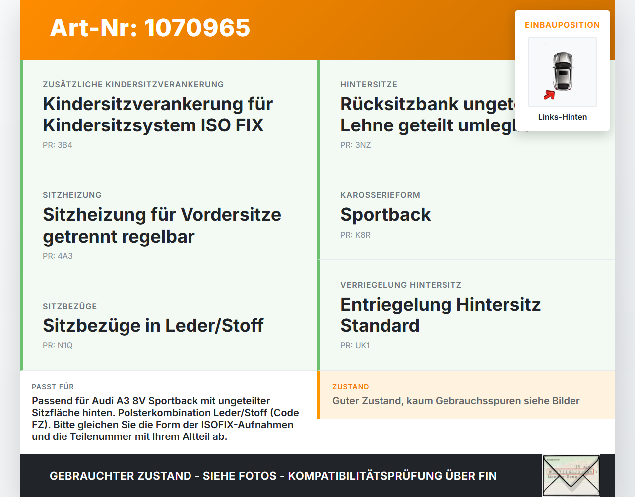 Audi A3 8V 12-16 5T Sitzpolster Links für Rücksitzbank Hinten Audi A3 8V 12-16 17.06.2014 gebraucht Vorschau 3