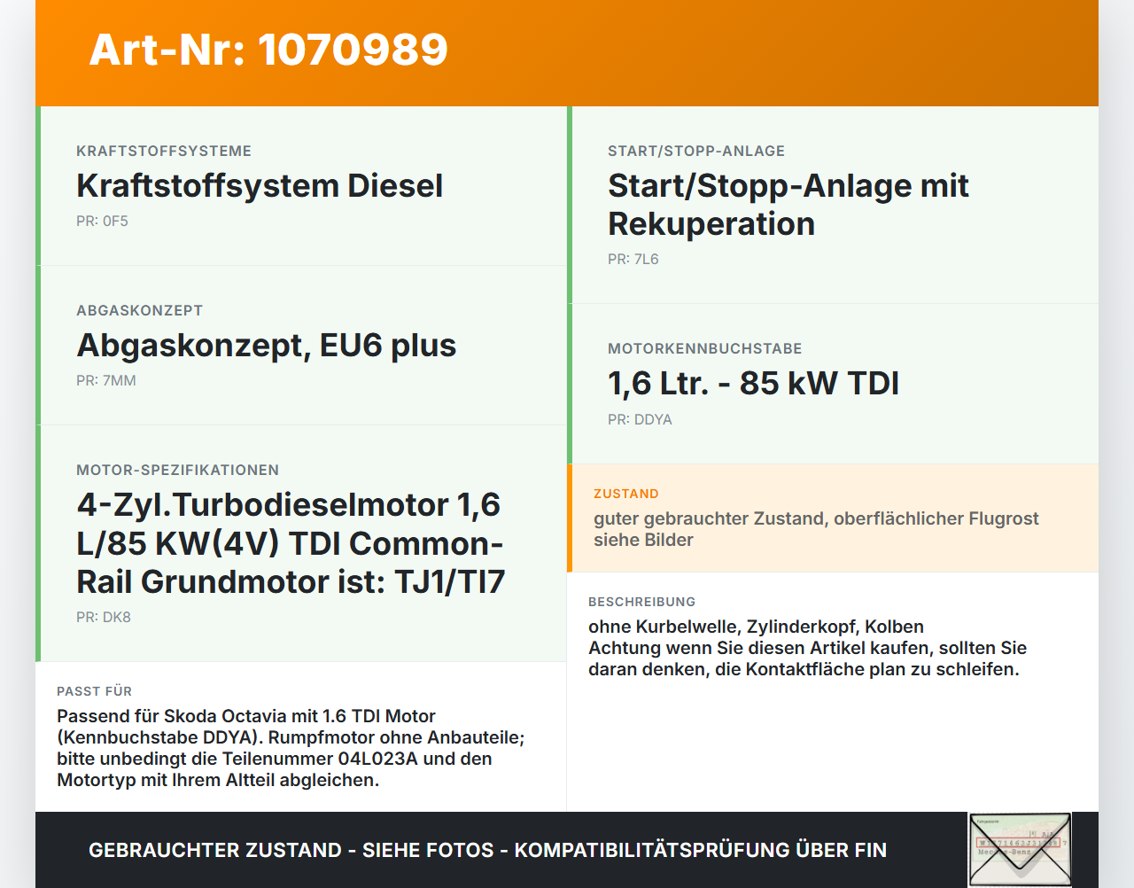 Skoda Octavia 17-20 1,6 85KW DDYA Motorblock für Motor Skoda Octavia 17-20 09.11.2017 04L023A gebraucht Vorschau 3