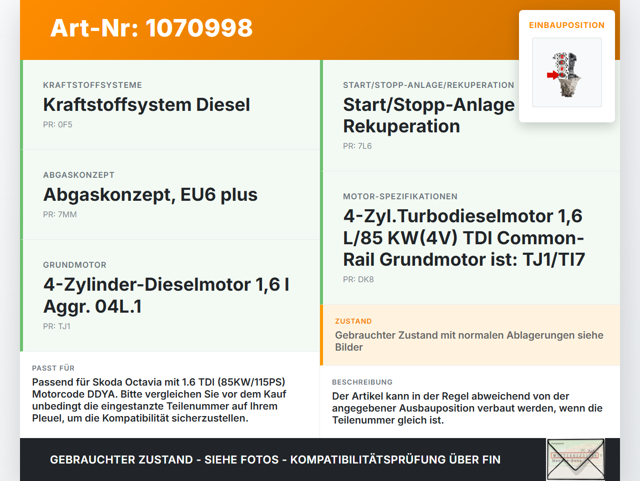 Skoda Octavia 17-20 1,6 85KW DDYA Kolben mit Pleuel A Skoda Octavia 17-20 09.11.2017 gebraucht Vorschau 3