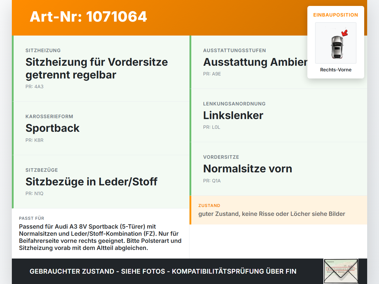 Audi A3 8V 12-16 5T Sitzbezug Rückenpolster Rechts Vorne für Beifahrer Sitz beheizt Audi A3 8V 12-16 17.06.2014... Vorschau 3