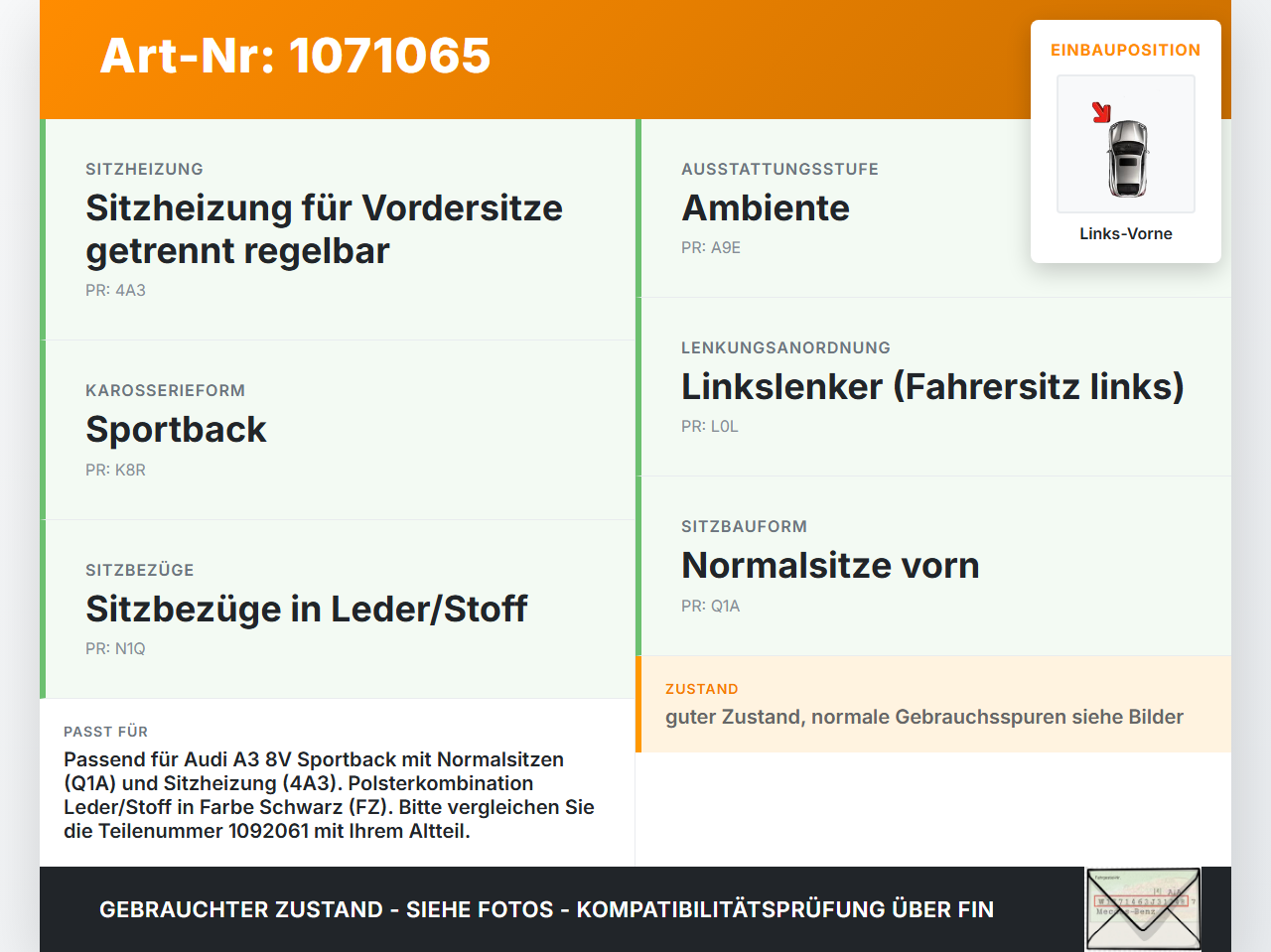 Audi A3 8V 12-16 5T Sitzpolster für Fahrersitz Sitz Links Vorne beheizt Audi A3 8V 12-16 17.06.2014 8V0881969... Vorschau 3