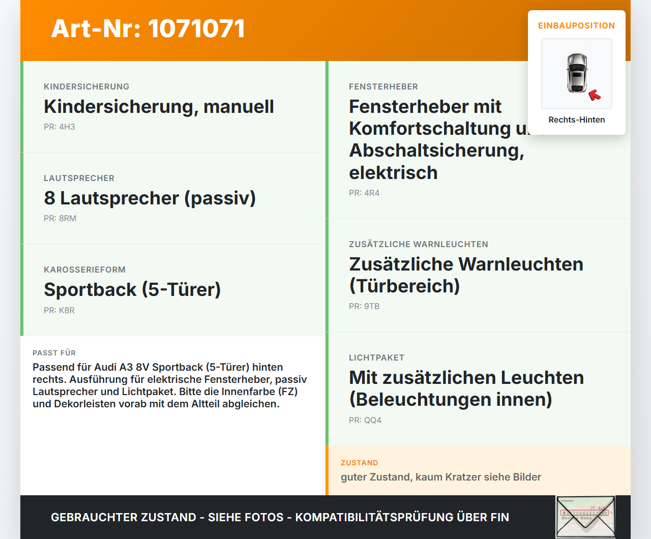 Audi A3 8V 12-16 5T Türverkleidung Türpappe Rechts Hinten Audi A3 8V 12-16 17.06.2014 gebraucht Vorschau 3