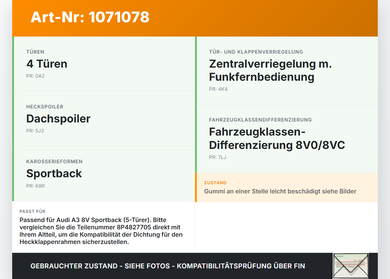 Audi A3 8V 12-16 5T Dichtung Rahmen für Heckklappe Kofferraum Audi A3 8V 12-16 17.06.2014 8P4827705 gebraucht Vorschau 3