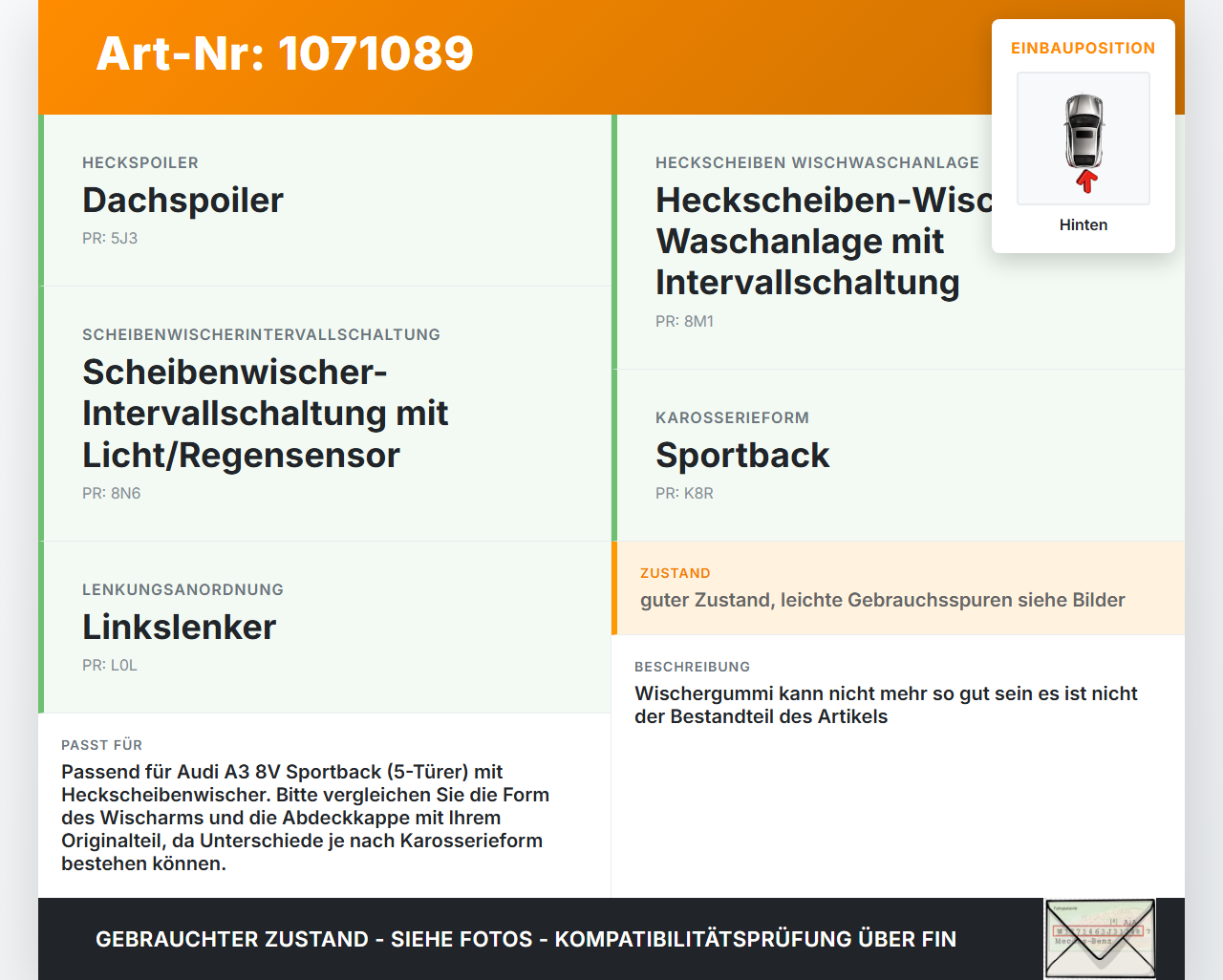 Audi A3 8V 12-16 5T Heckwischer Scheibenwischer Hinten Wischarm Audi A3 8V 12-16 17.06.2014 gebraucht Vorschau 3