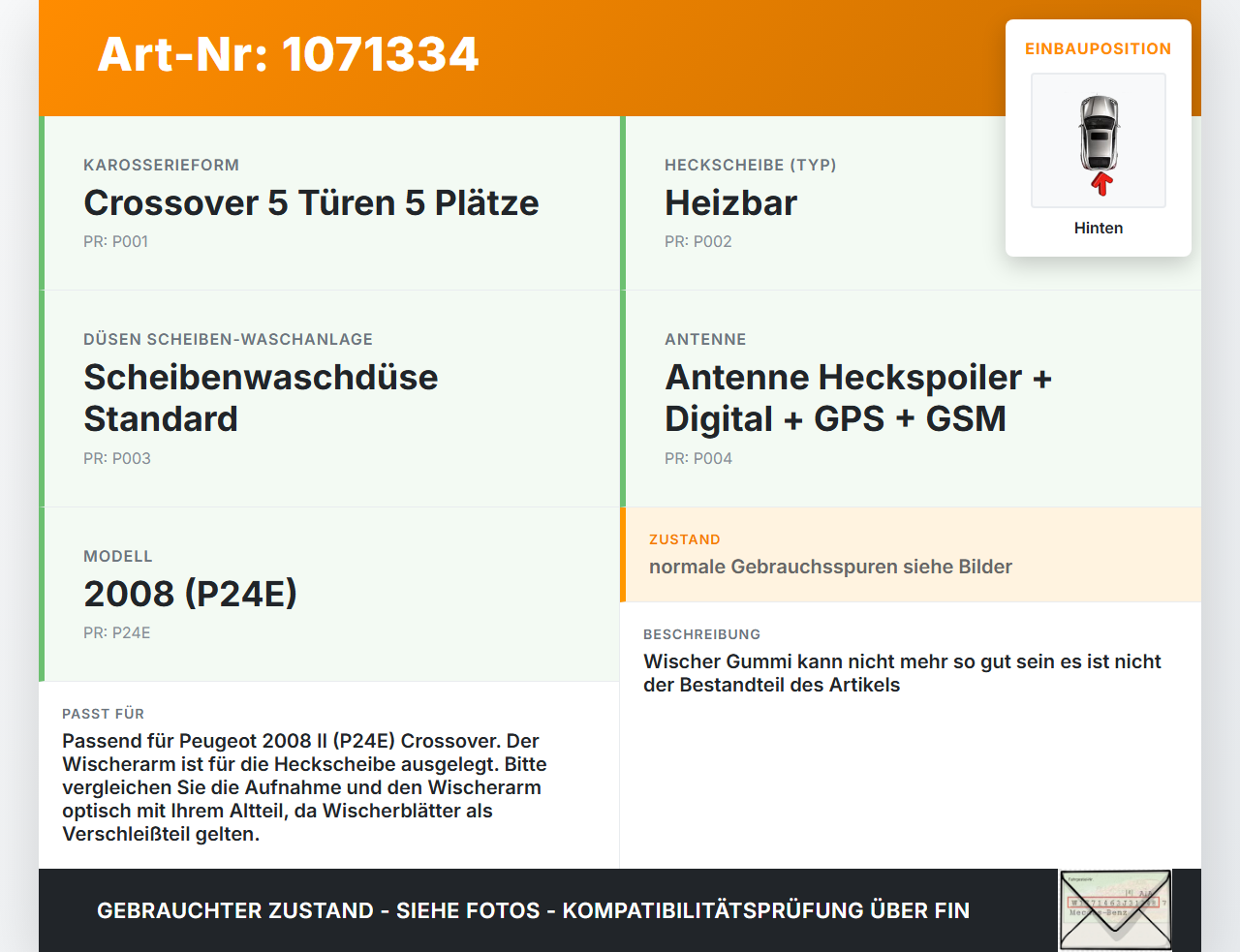 Peugeot 2008 II CMP 23-26 5T Scheibenwischer Heckwischer Hinten Wischarm Peugeot 2008 II CMP 23-26 20.20.2020 gebraucht Vorschau 3
