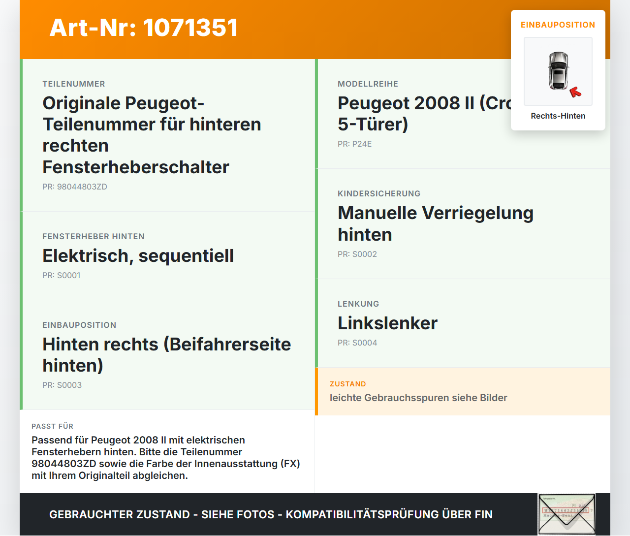 Peugeot 2008 II CMP 23-26 5T Fensterheberschalter Fensterheber Schalter Taster Rechts Hinten Peugeot 2008 II CMP... Vorschau 3