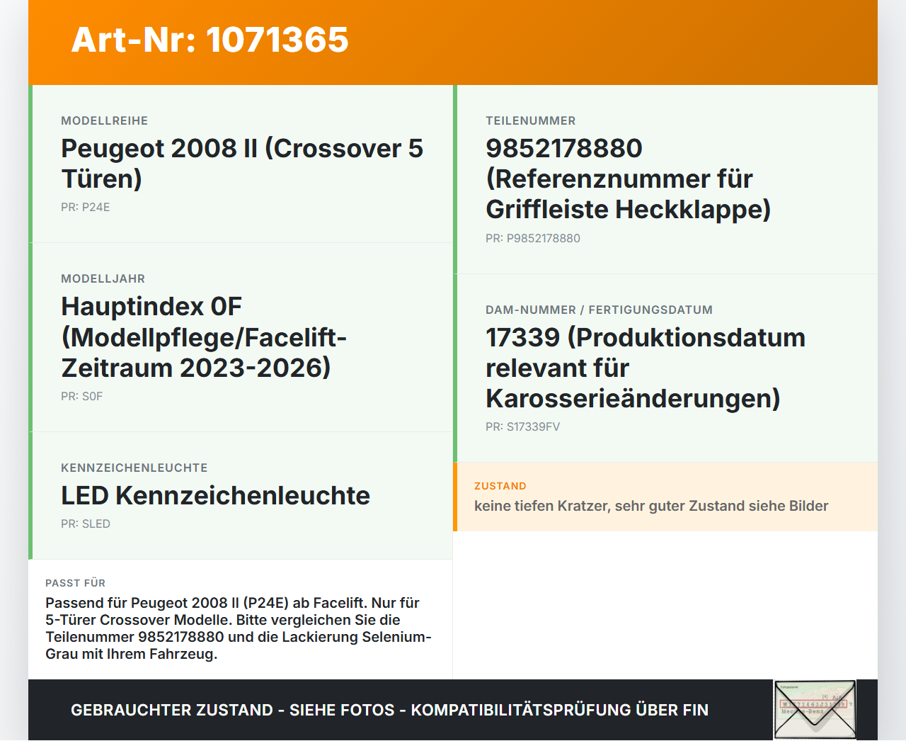 Peugeot 2008 II CMP 23-26 5T Blende Griffleiste für Heckklappe Peugeot 2008 II CMP 23-26 20.20.2020 9852178880 gebraucht Vorschau 3