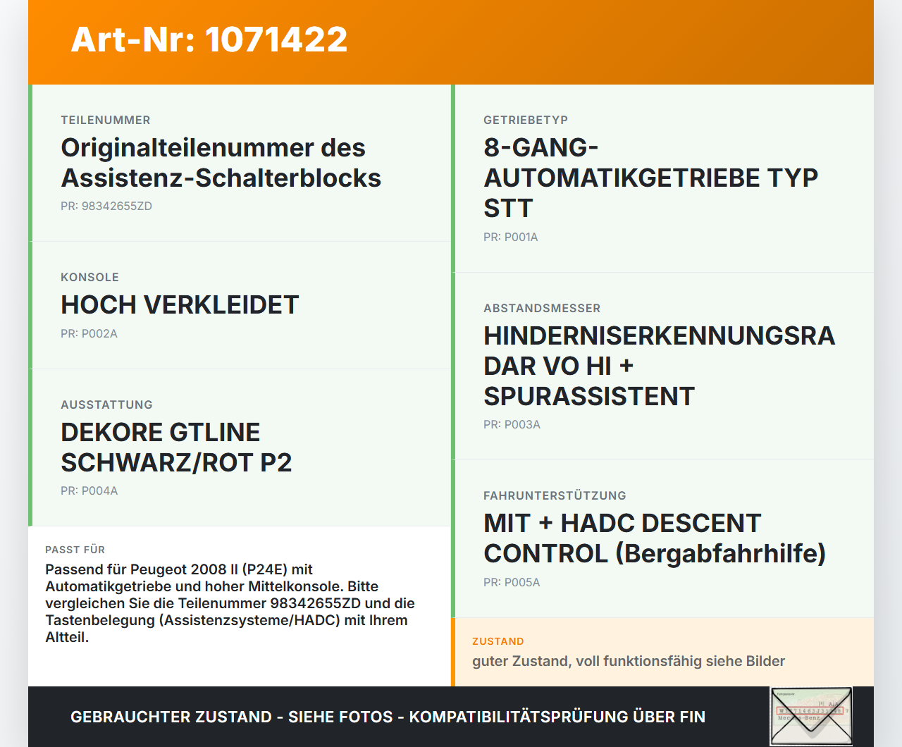 Peugeot 2008 II CMP 23-26 Schalter Assitenz Peugeot 2008 II CMP 23-26 20.20.2020 98342655ZD gebraucht Vorschau 3