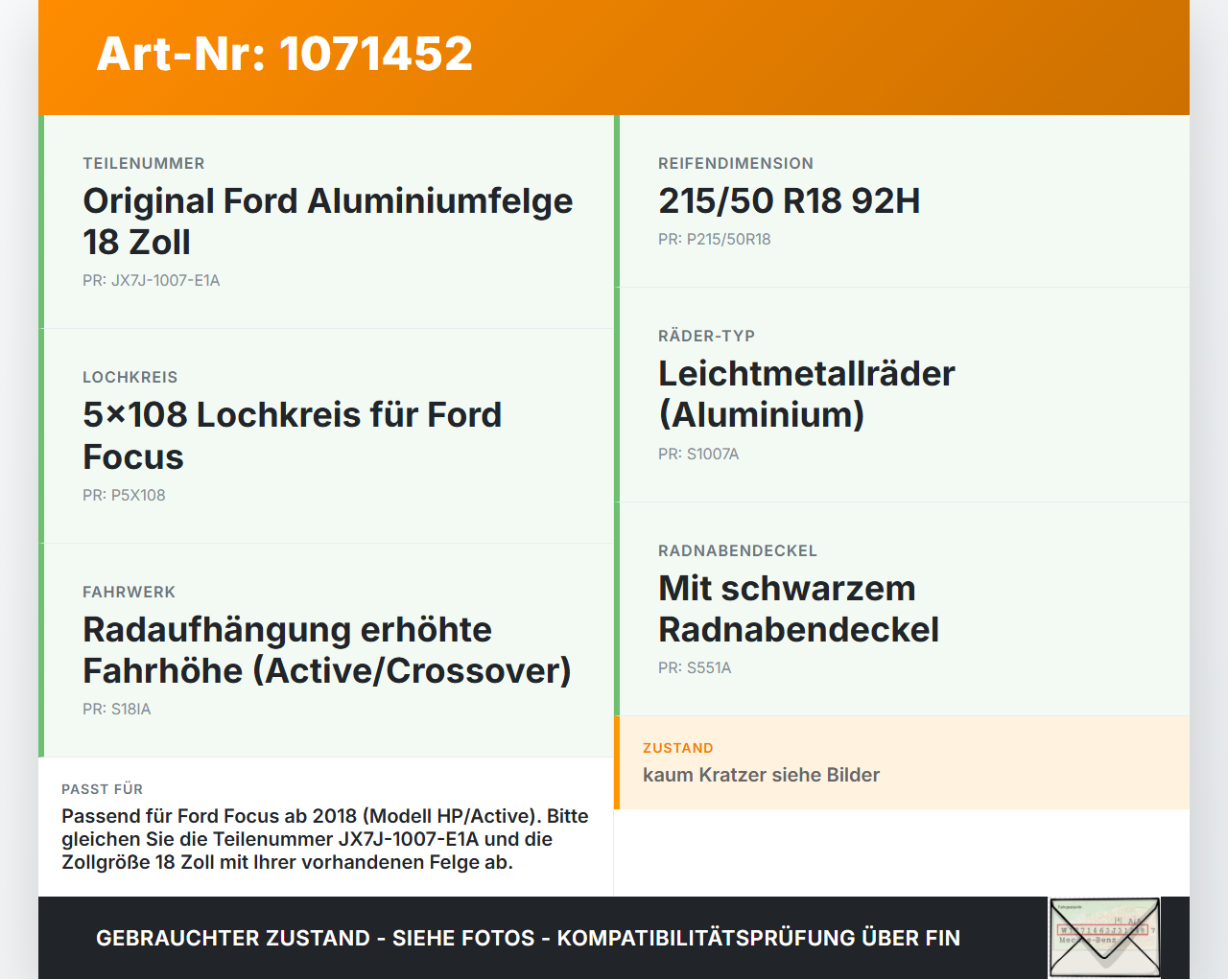 Ford Focus HP 18-22 1 x Felge Aluminiumfelge 18 Zoll 5X108 Ford Focus HP 18-22 15.12.2020 JX7J-1007-E1A gebraucht Vorschau 3