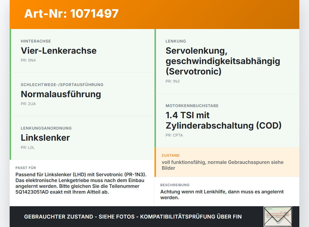 Audi A3 8V 12-16 Lenkgetriebe Servolenkung Audi A3 8V 12-16 17.06.2014 5Q1423051AD 5Q0909144P gebraucht Vorschau 3