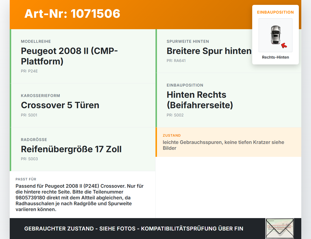 Peugeot 2008 II CMP 23-26 5T Radhausschale Verkleidung Radlauf für Kotflügel Rechts Hinten Peugeot 2008 II CMP... Vorschau 3