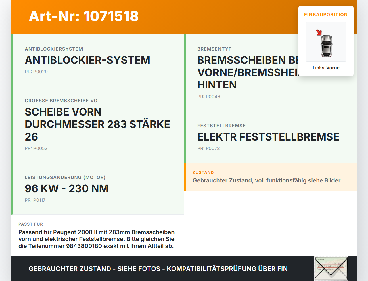 Peugeot 2008 II CMP 23-26 1.2 96KW Bremssattel Bremszange Vorne Links Peugeot 2008 II CMP 23-26 20.20.2020... Vorschau 3