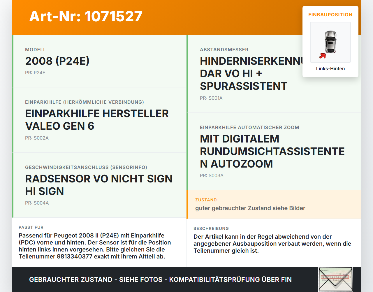 Peugeot 2008 II CMP 23-26 Abstands Sensor Parksensor PDC Hinten Links Innen ELD Peugeot 2008 II CMP 23-26... Vorschau 3
