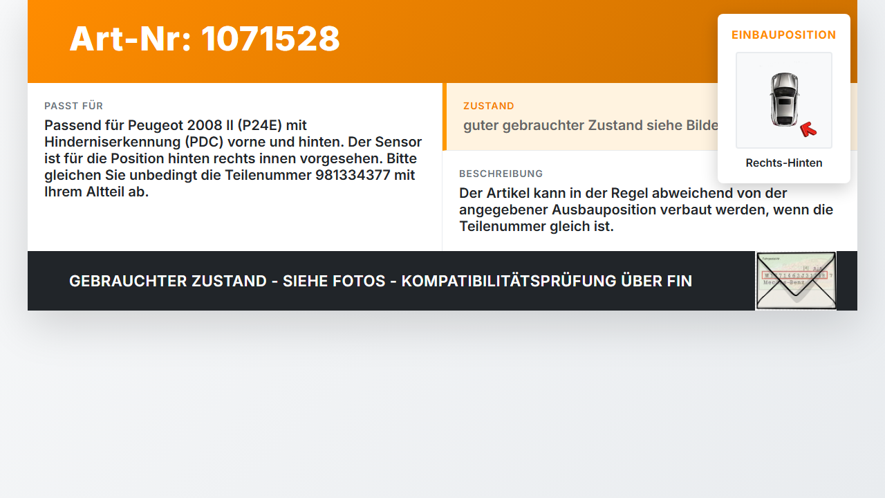 Peugeot 2008 II CMP 23-26 Abstands Sensor Parksensor PDC Hinten Rechts Innen  ELD Peugeot 2008 II CMP 23-26... Vorschau 3