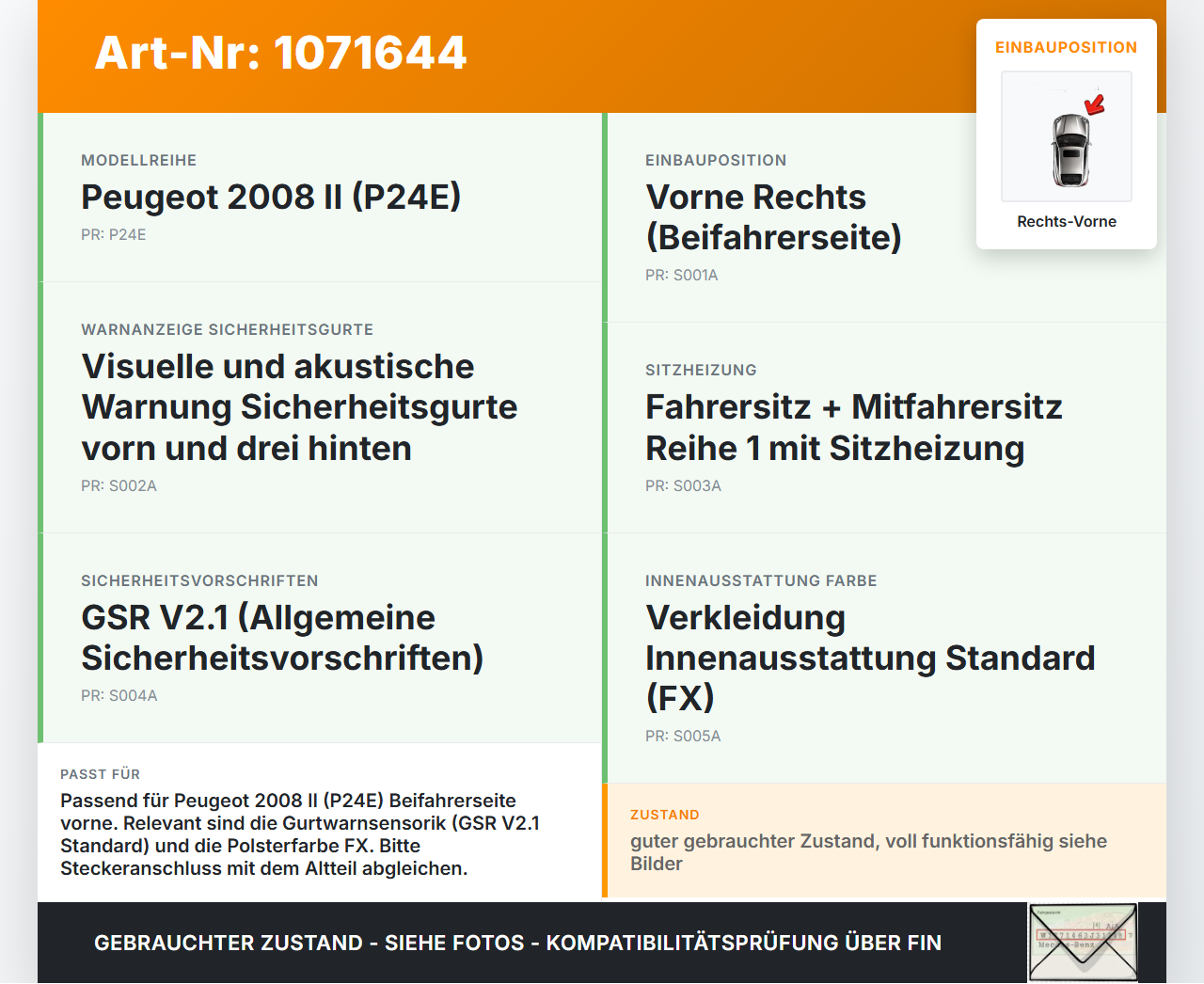 Peugeot 2008 II CMP 23-26 5T Gurtschloss Rechts Vorne Peugeot 2008 II CMP 23-26 20.20.2020 gebraucht Vorschau 3
