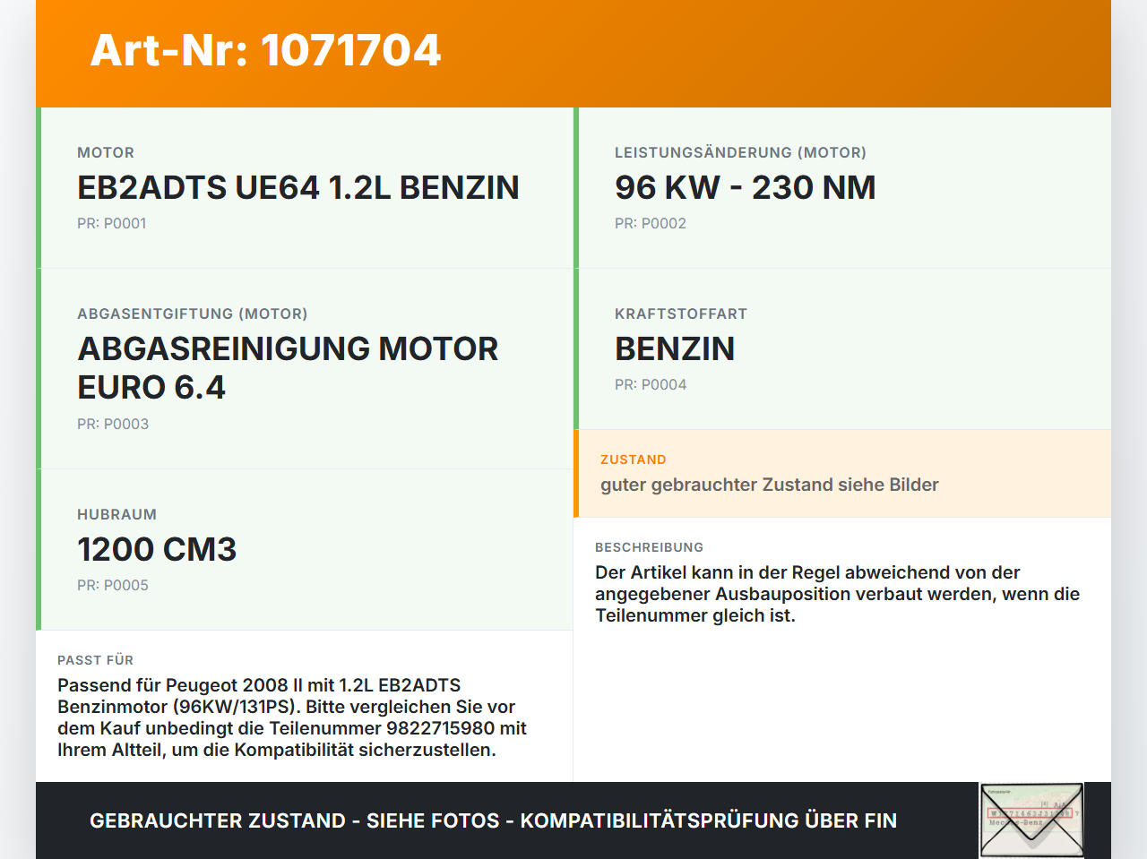 Peugeot 2008 II CMP 23-26 1.2 96KW Injektor Einspritzdüse Zyl.2 Peugeot 2008 II CMP 23-26 20.20.2020 9822715980... Vorschau 3