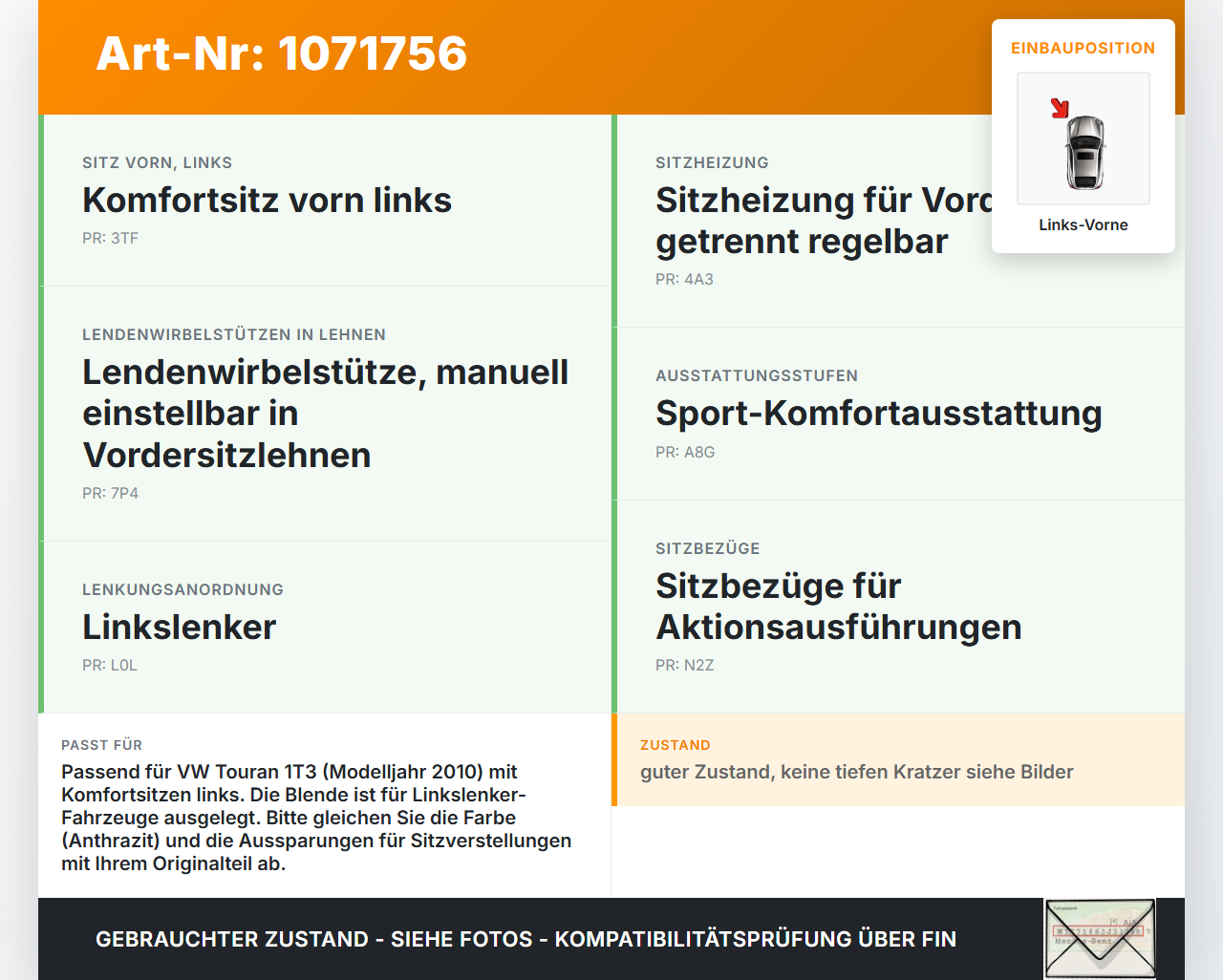 VW Touran 1T3 06-10 Mehrzweckfahrzeug Abdeckung Blende für Sitz Fahrersitz Links Vorne VW Touran 1T3 06-10... Vorschau 3