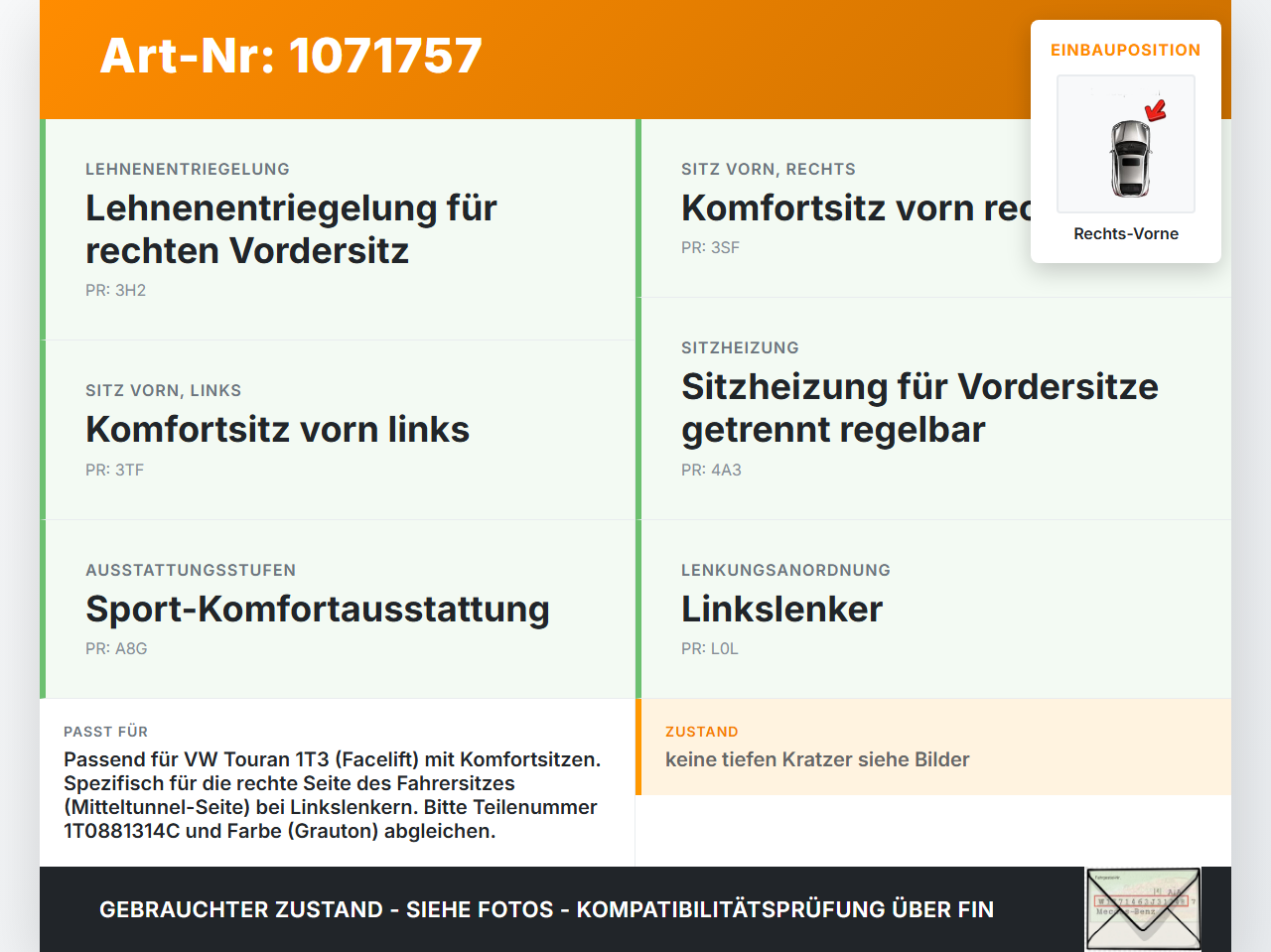 VW Touran 1T3 06-10 1,4 103KW Seitenblende Seitenverkleidung für Fahrer Sitz Rechts Vorne VW Touran 1T3 06-10... Vorschau 3