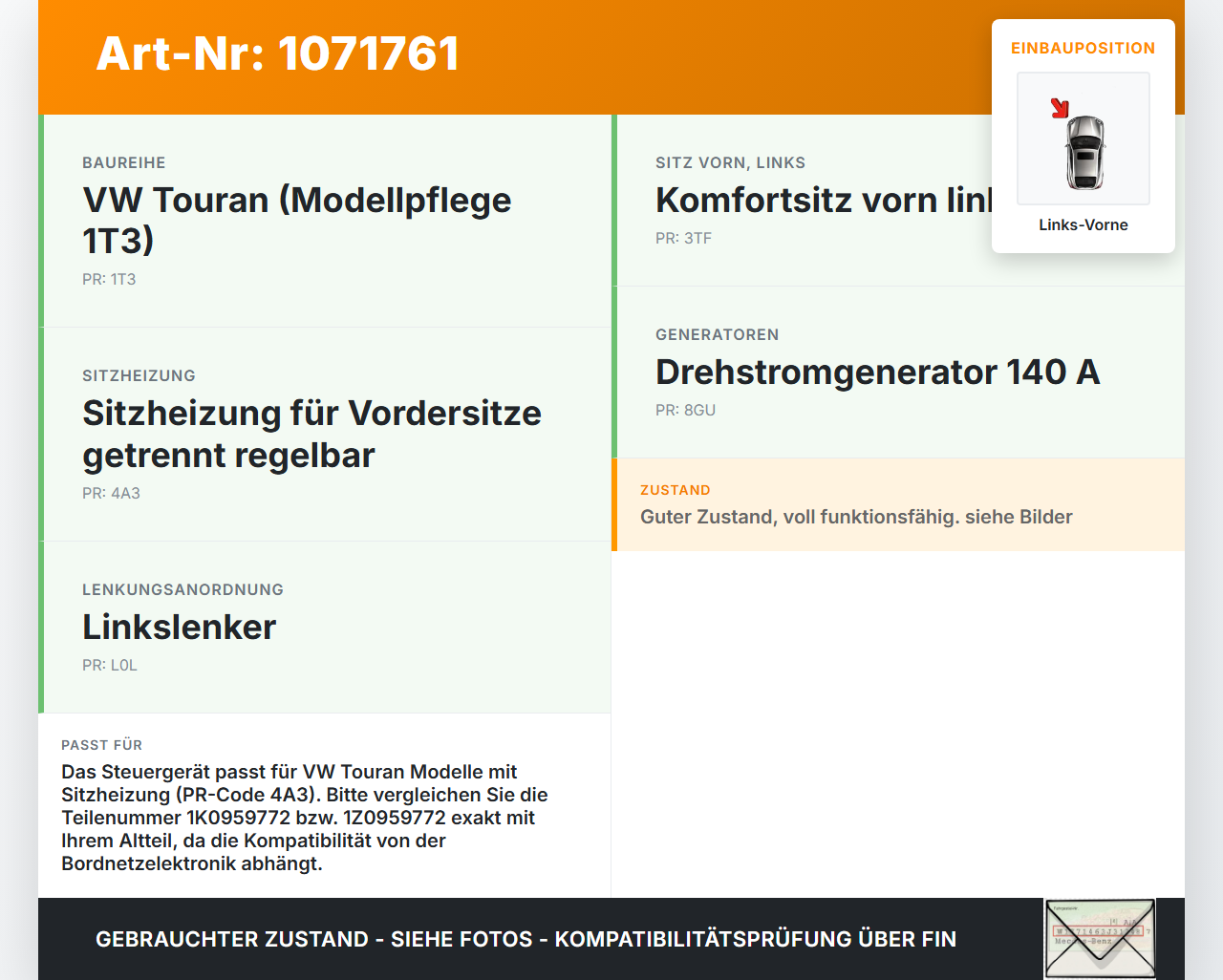 VW Touran 1T3 06-10 Sitzheizung Steuergerät für Links Vorne VW Touran 1T3 06-10 25.09.2009 1K0959772 gebraucht Vorschau 3