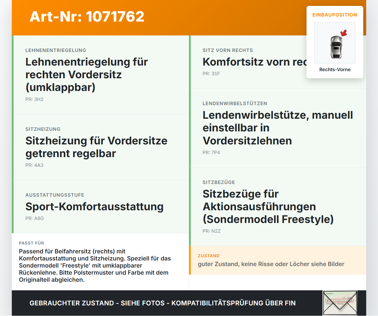 VW Touran 1T3 06-10 Mehrzweckfahrzeug Sitzbezug Rückenpolster Rechts Vorne für Beifahrer Sitz beheizt VW Touran 1T3... Vorschau 3