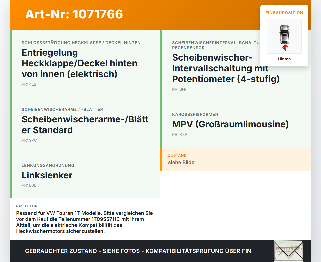 VW Touran 1T3 06-10 5T Wischermotor Hinten Heckwischermotor VW Touran 1T3 06-10 25.09.2009 1T0955711C 0390201598... Vorschau 3