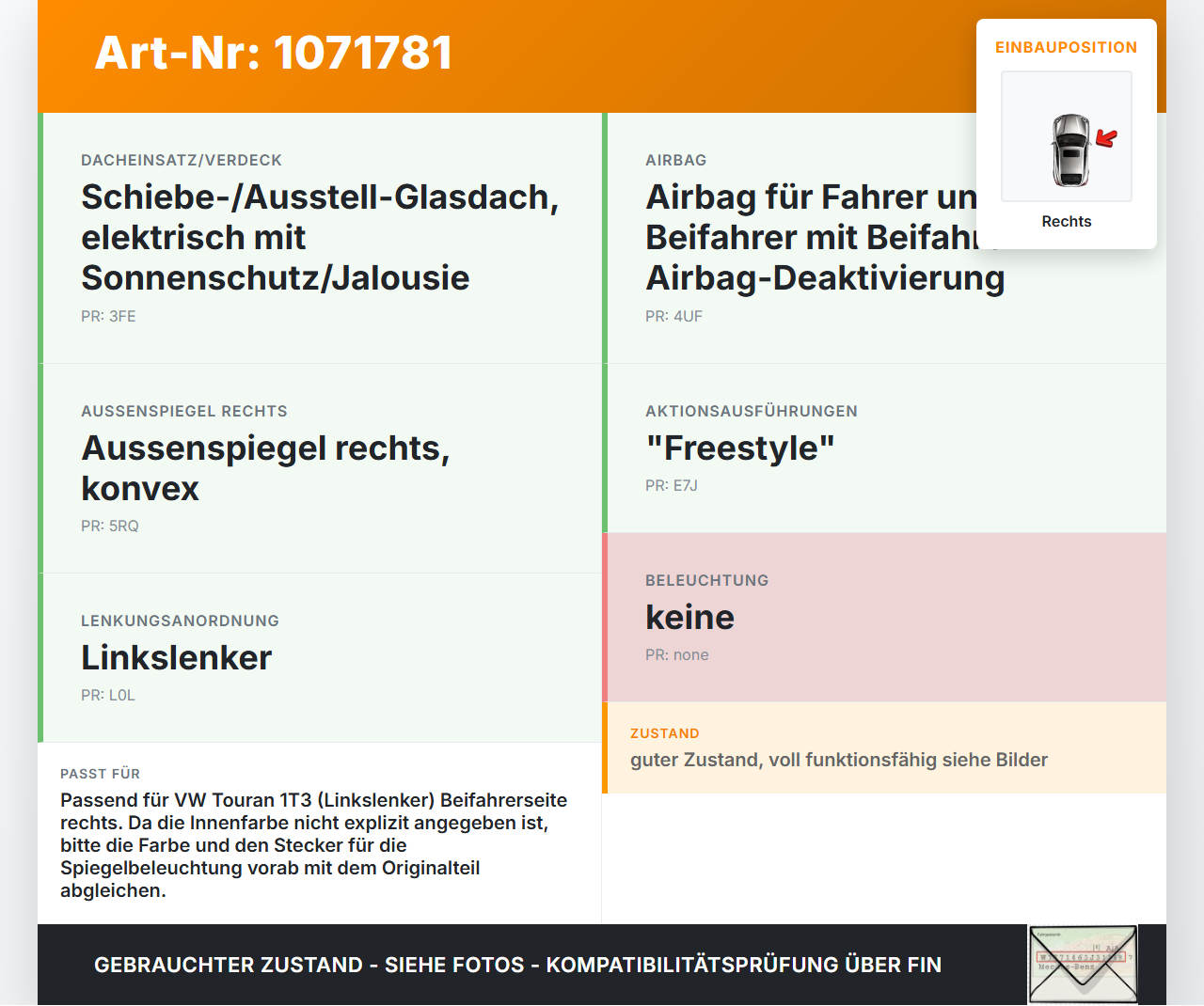VW Touran 1T3 06-10 Sonnenblende Rechts Beifahrerseite VW Touran 1T3 06-10 25.09.2009 gebraucht Vorschau 3