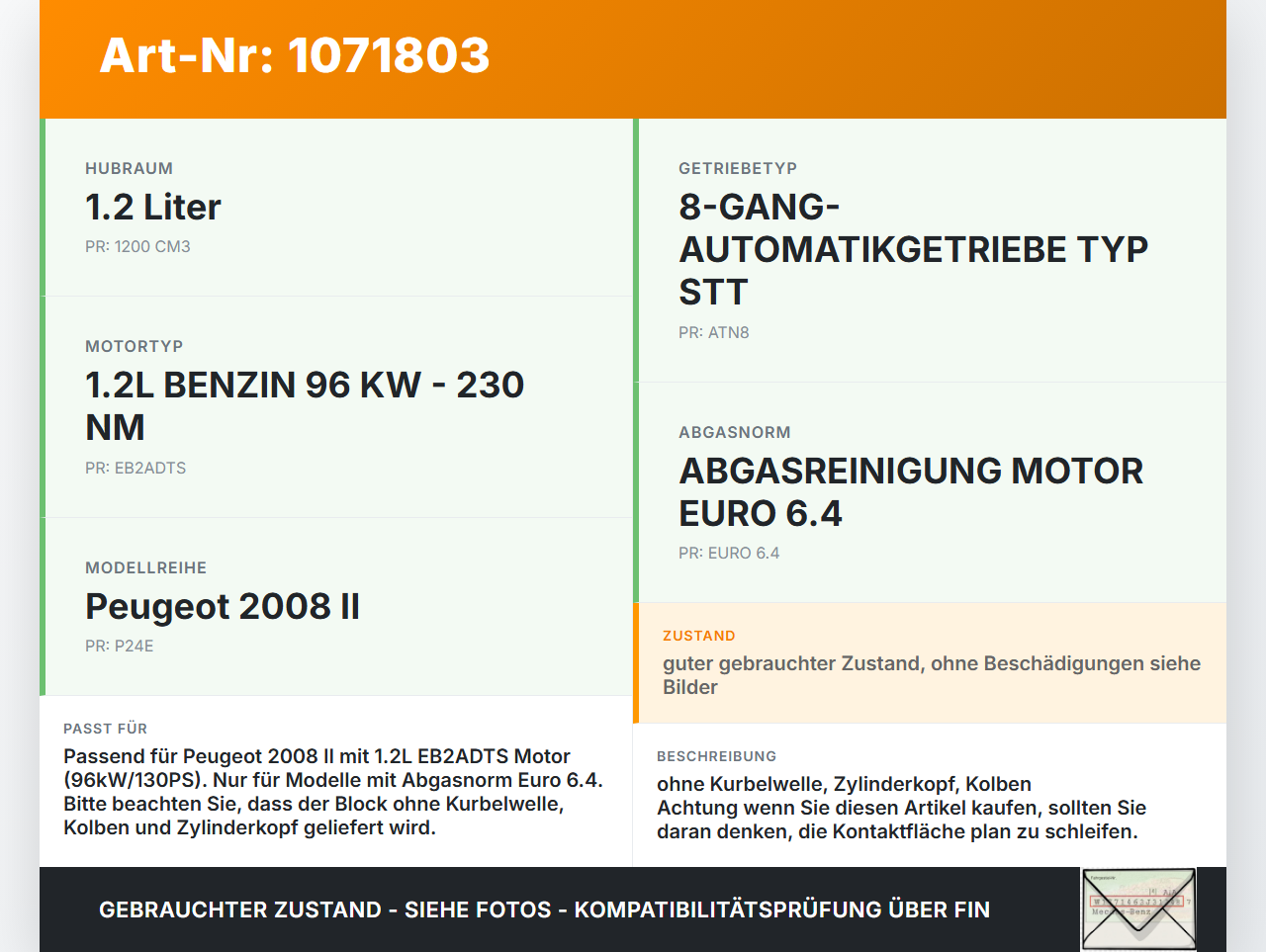 Peugeot 2008 II CMP 23-26 1.2 96KW EB2ADTS Motorblock für Motor Peugeot 2008 II CMP 23-26 20.20.2020 gebraucht Vorschau 3