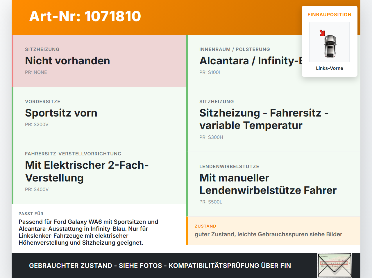 Ford Galaxy WA6 06-10 Sitzbezug Sitzpolster für Fahrersitz Sitz Links Vorne beheizt Ford Galaxy WA6 06-10... Vorschau 3