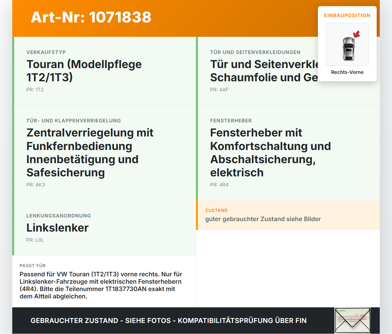VW Touran 1T3 06-10 5T Fensterheber o. FH-Motor Rechts Vorne VW Touran 1T3 06-10 25.09.2009 1T1837730AN gebraucht Vorschau 3