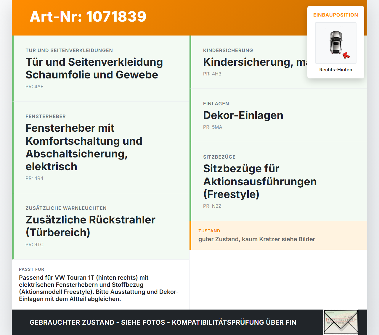 VW Touran 1T3 06-10 5T Türverkleidung Türpappe Rechts Hinten VW Touran 1T3 06-10 25.09.2009 W1200938685804TV... Vorschau 3